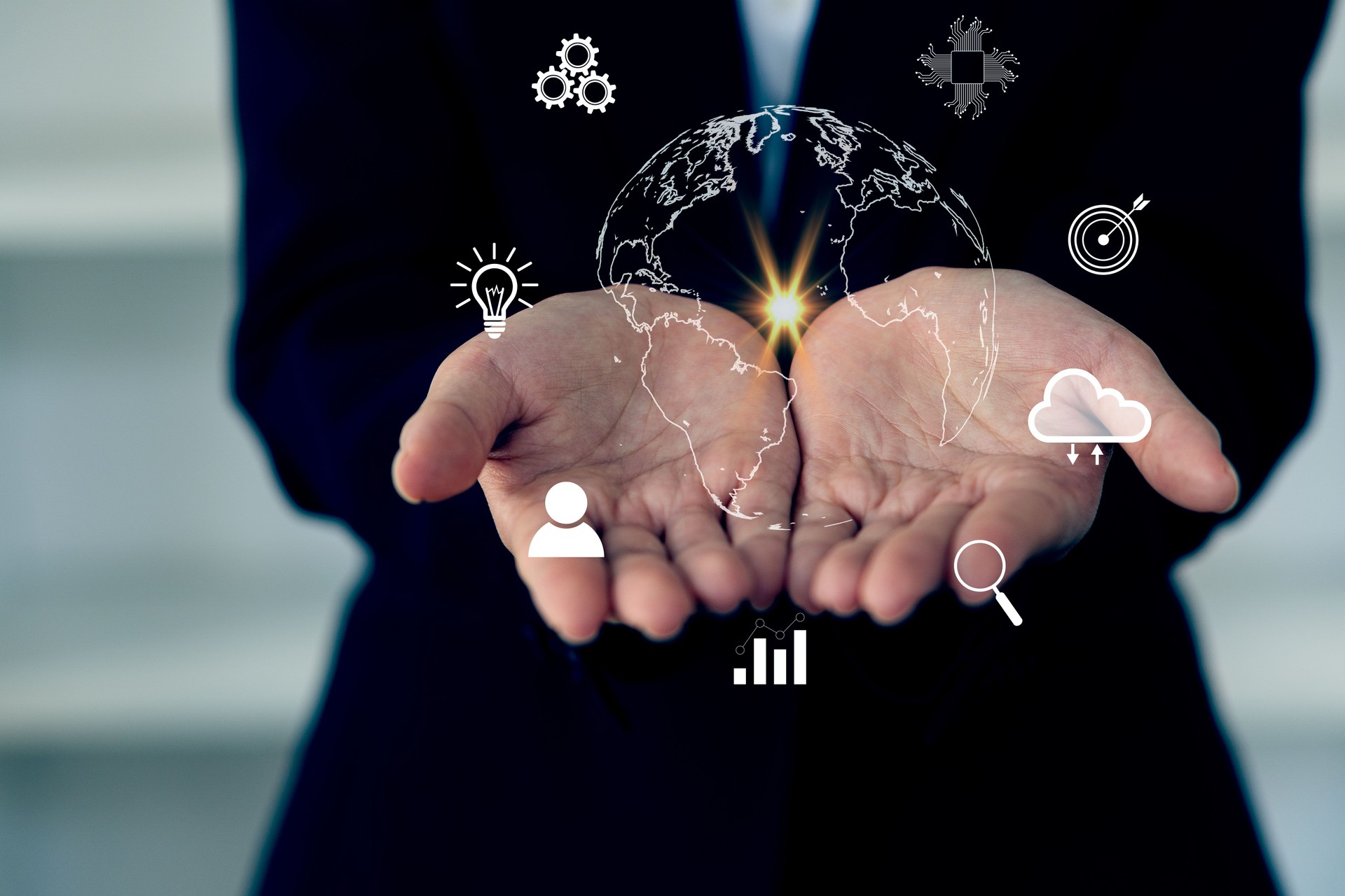 digital marketing global business strategy ideas business people touch global network with technology icon in hand